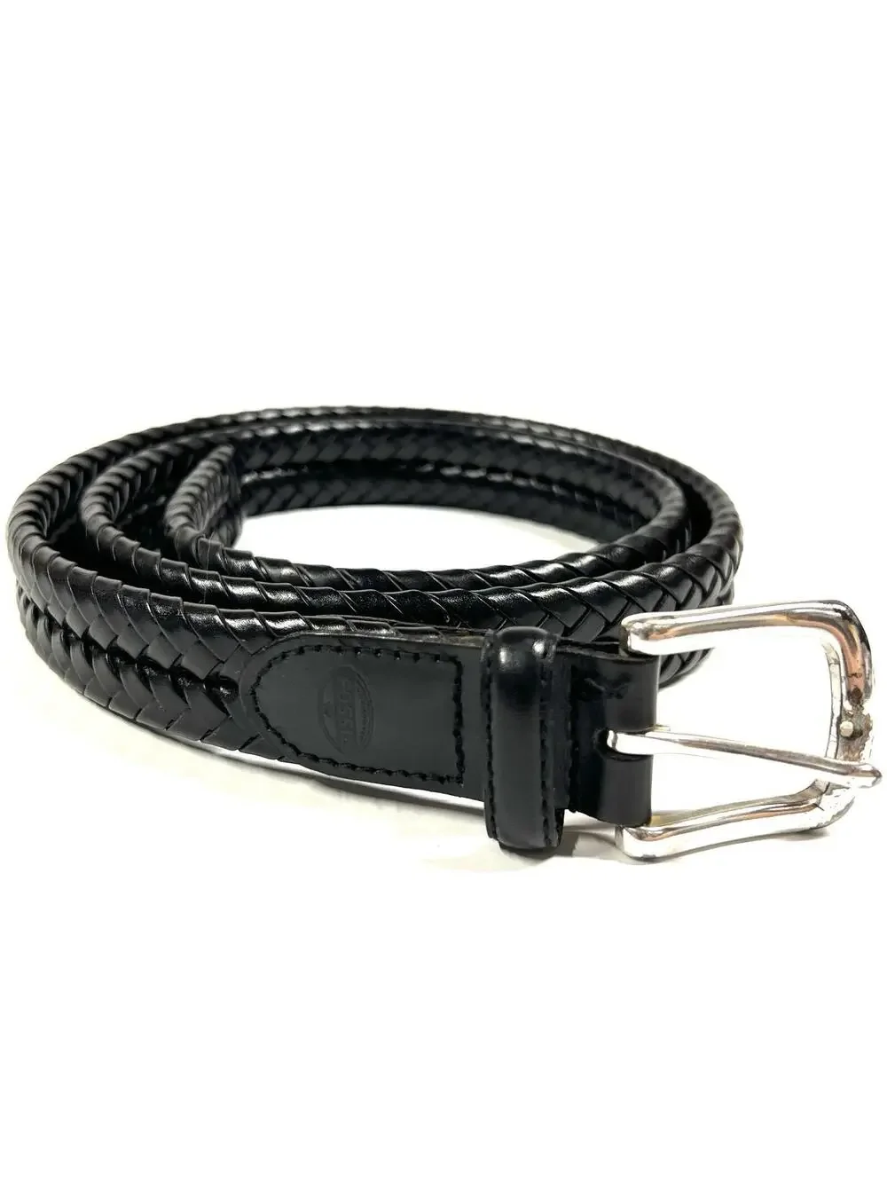 Fossil Braided Belt Mens 44 Black 100% Leather Silver Buckle Worn Adjustable